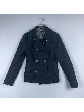 H&M Peacoat Jacket Coat Womens Size 6 Black Double Breasted Folded Collar